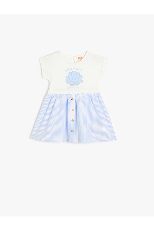Seashell Printed Button Detail A-Line Cotton Dress
