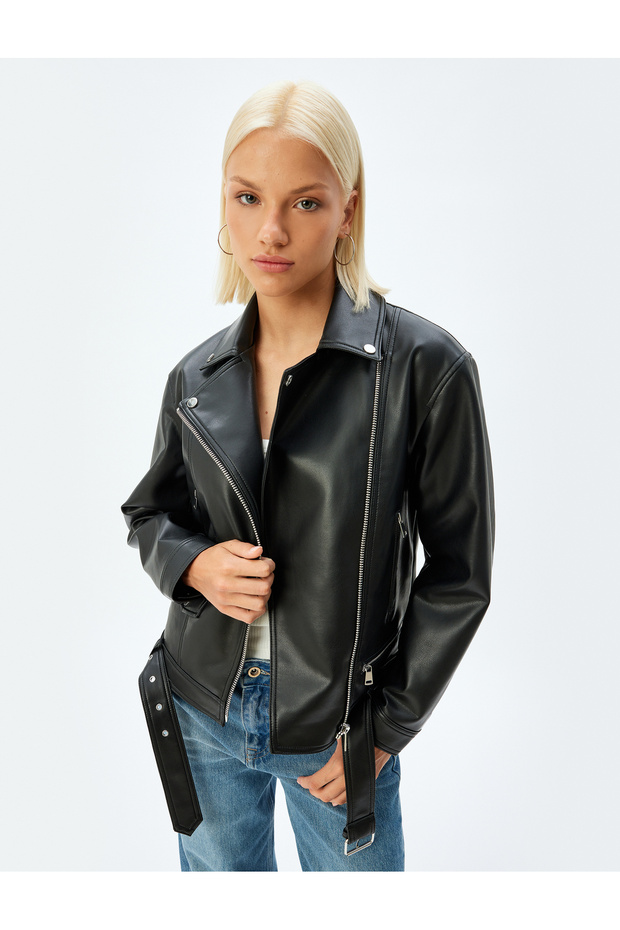 Crop Oversize Faux Leather Biker Jacket with Zipper Pockets and Belt Detail