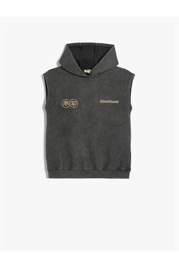Cotton Print Detail Sleeveless Oversize Sweatshirt