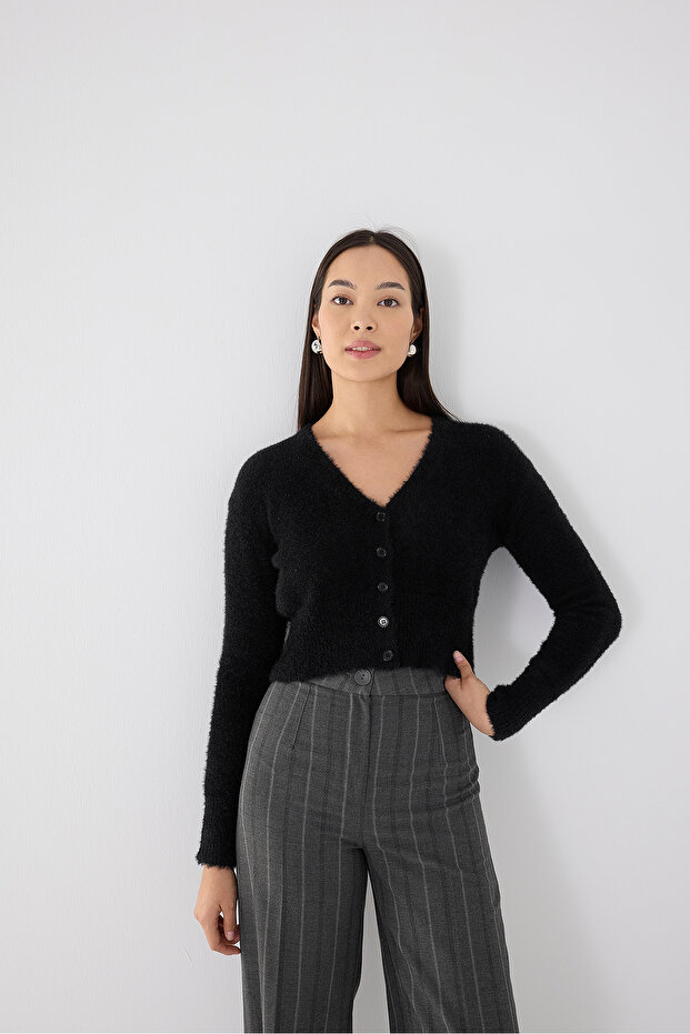 Yumuşak Dokulu Düğmeli Crop Hırka H3339-a2 - 4