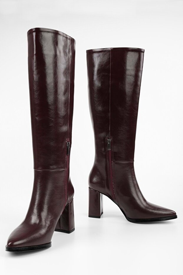 Dámské odvážné vínové kožené kozačky na podpatku - 5