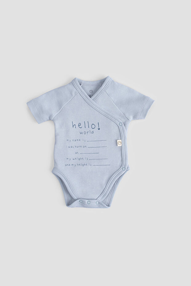 Organic Cotton Hello World Short Sleeve Blue Double Breasted Bodysuit