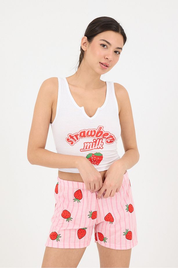 Çilek Baskılı Şortlu Pijama Takımı Ş072-T6 - 5