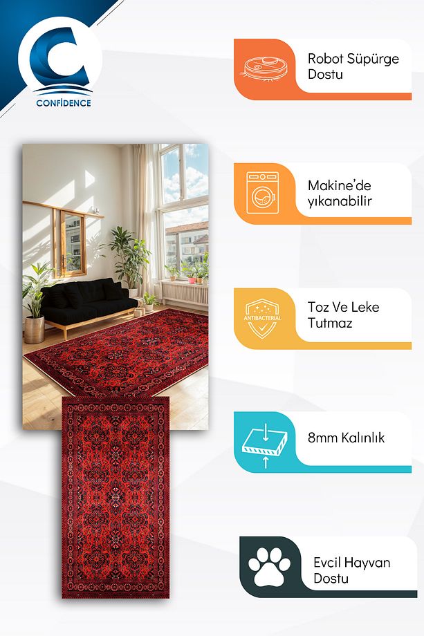 Makinede Yıkanabilir Kaymaz Taban Leke Tutmaz Figürlü Kırmızı Mutfak Halısı Salon Halısı Ve Yolluk - 2