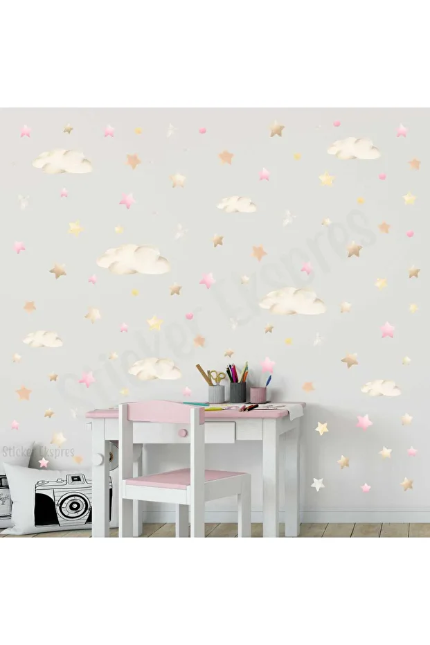 Soft Renklerde Bulut Yıldız Ve Yuvarlaklar Çocuk Odası Duvar Sticker Seti - 2