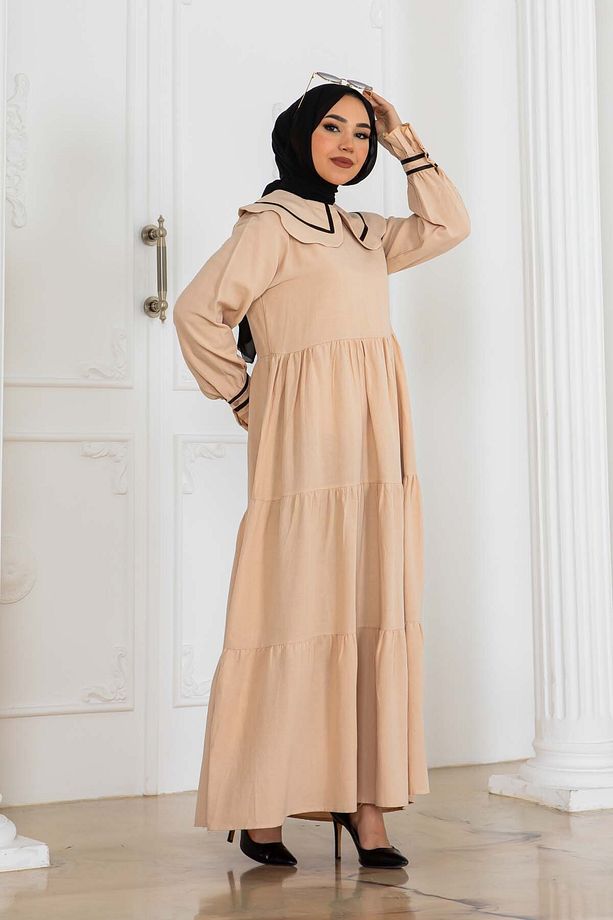 Bebe Yakalı Elbise Bej 2113 - 5