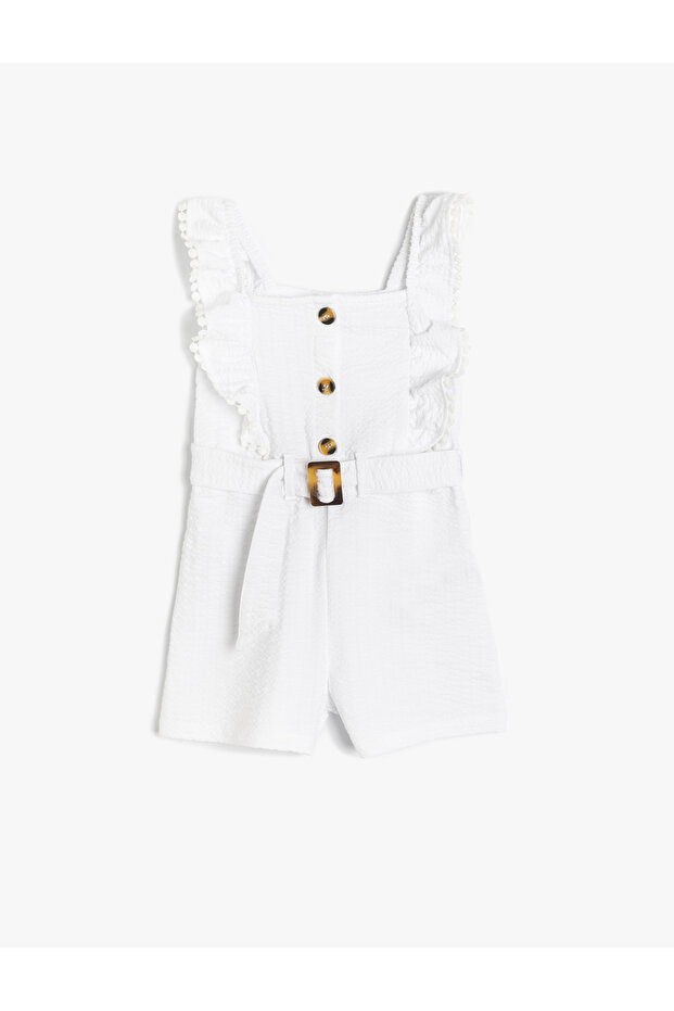 Cotton Strap Ruffle Detailed Short Jumpsuit with Belt