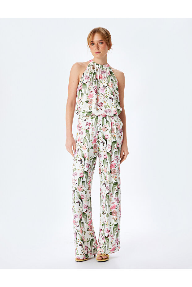 Floral Print Sleeveless Halter Neck Viscose Blouse