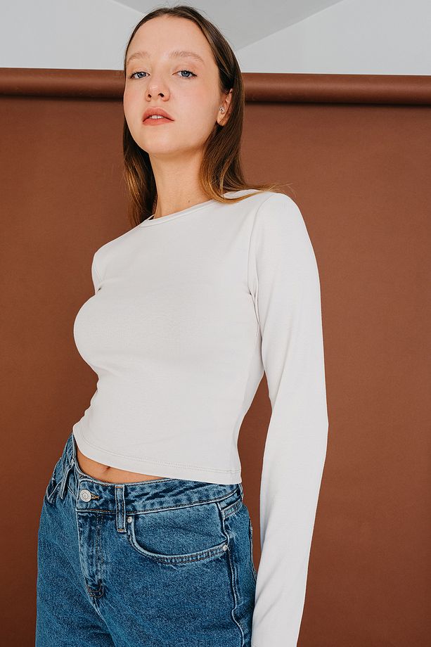 Bisiklet Yaka Basic Crop Bluz B15385-w8 - 3