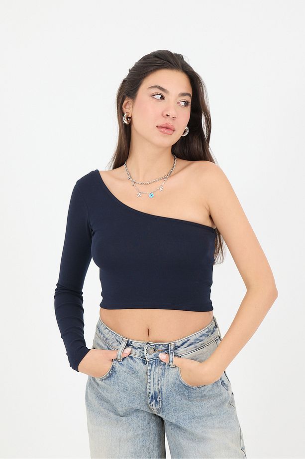 Tek Omuz Uzun Kollu Crop Bluz B13784-F1 - 5