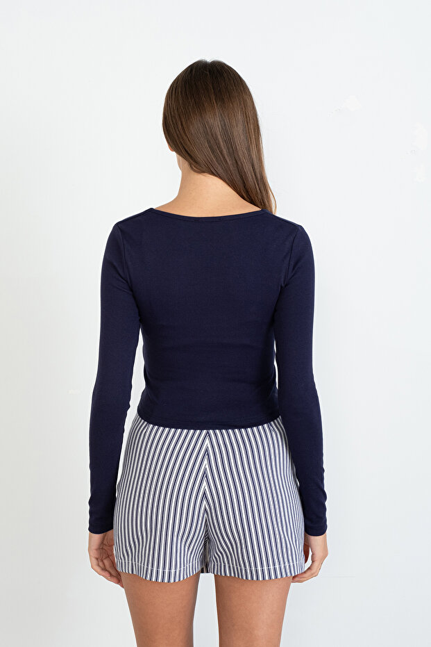 Kare Yaka Uzun Kollu Basic Crop Bluz B3713-j1 - 5