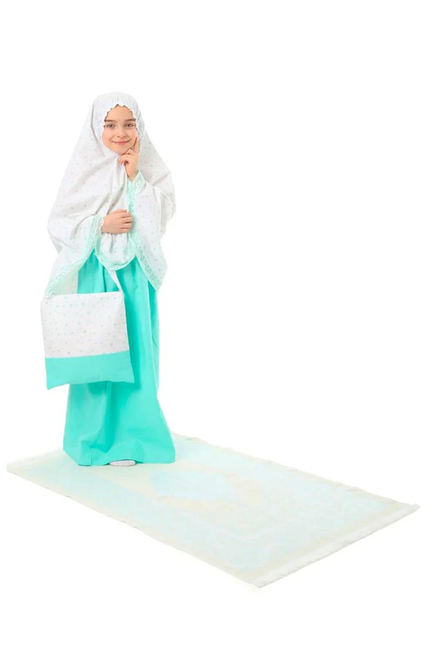Girls' Prayer Dress - Mint 4-Piece Set with Star Lace Headcover, Prayer Rug and Bag 884