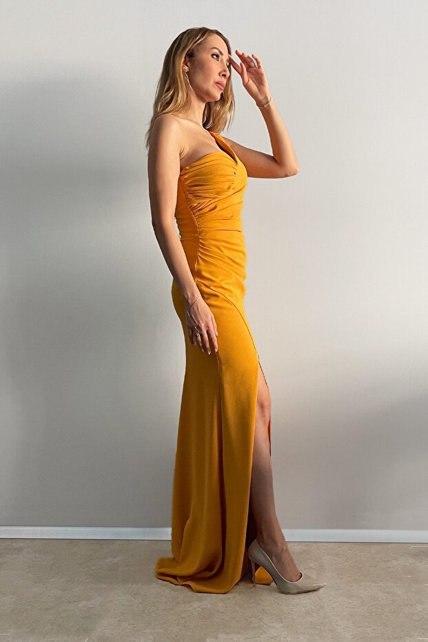 Tek Omuz Drape Detay Yırtmaçlı Abiye - 2