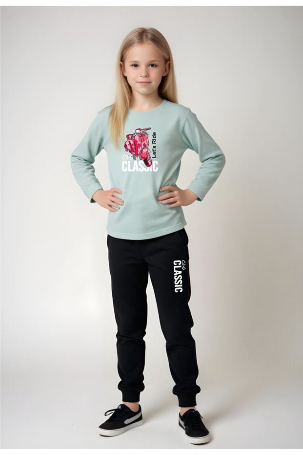 Girl's Pink Motor Printed Waist Detail Elastic Lower-Top Pjamas Set