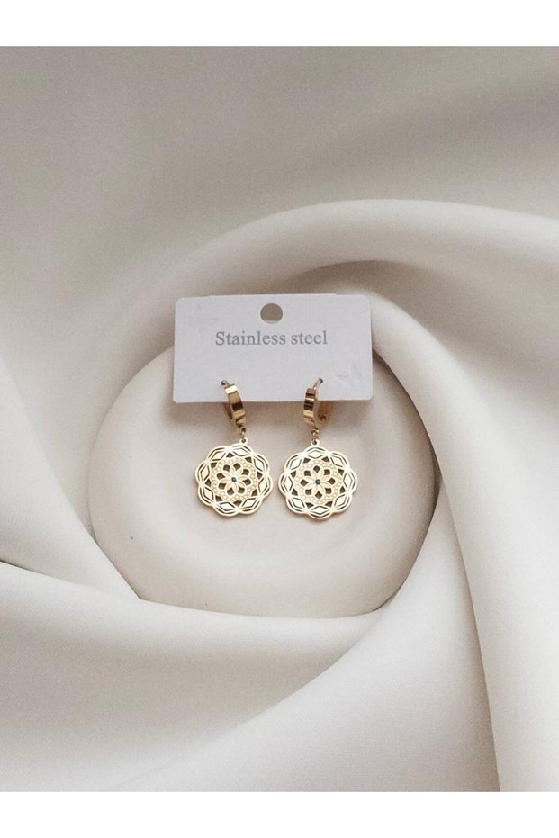Flower Motif Round Earrings - Steel Earrings - Flower Motif Round Earrings