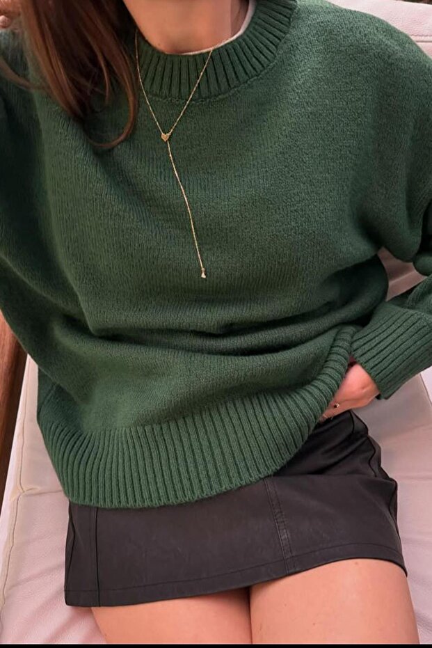 سترة تريكو نسائية ذات ملمس ناعم من Green Crew Neck قصة فضفاضة