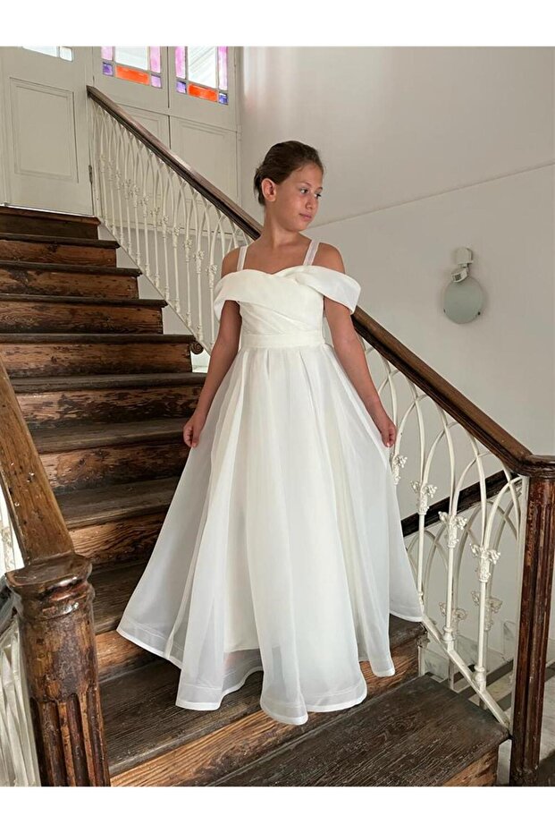 Girl's Long White Strap Chiffon Shoulder Detailed Evening Dress Age 10-14
