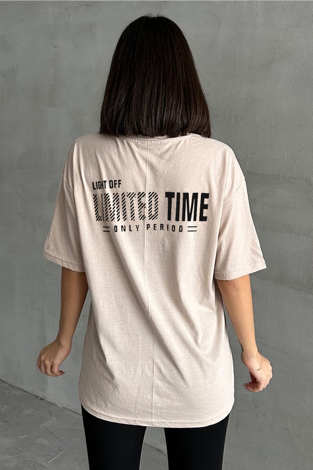 Women's Beige Limited Time Printed Crew Neck Oversize T-Shirt