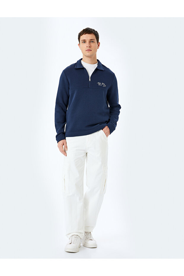 Slogan Embroidered Cotton Blend Half-Zip Sweatshirt with Raised Stitch Detail