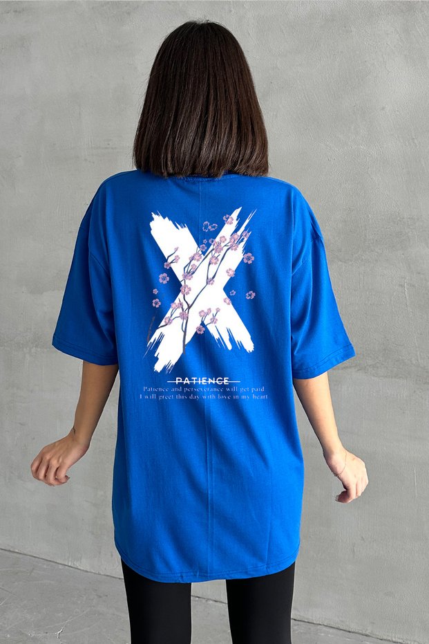 Women's Blue X Patience Printed Crew Neck Oversize T-Shirt