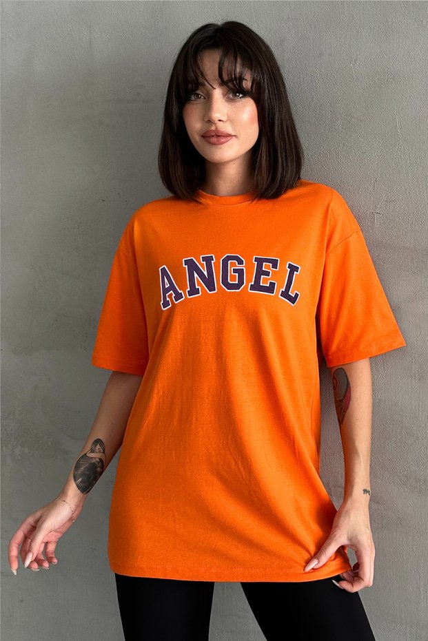 Women's Orange Angel Printed Crew Neck Oversize T-Shirt