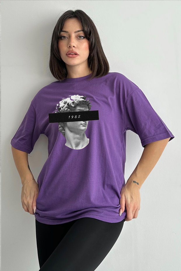 Women's Purple 1985 David Statue Printed Crew Neck Oversize T-Shirt