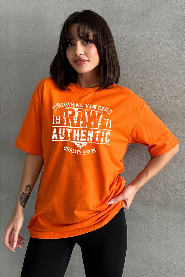 Women's Orange Raw Authentic Printed Crew Neck Oversize T-Shirt
