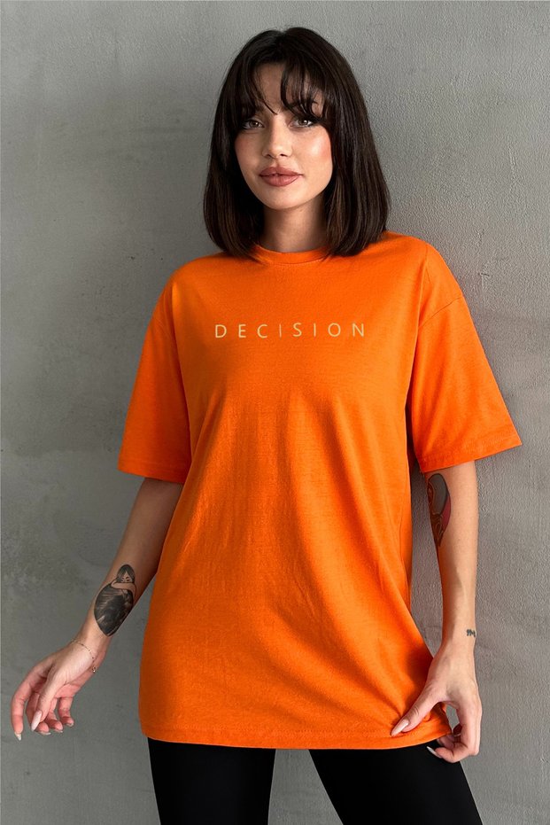 Women's Orange Decision Printed Crew Neck Oversize T-Shirt