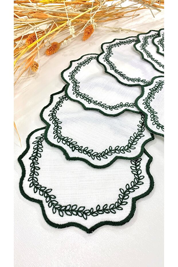 6 Pieces of Linen Fabric with Embroidered Coffee Side Cocktail Napkins & Coasters. Green Color