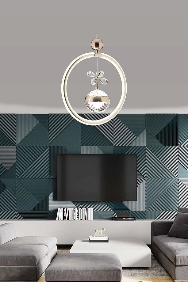 Modern Yuvarlak Tek Toplu Üç Renkli Gold Sarkıt Ledli Salon Avize ve Oturma Odası Ledli Avize - 1