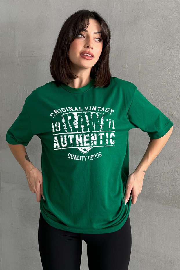 Women's Green Raw Authentic Printed Crew Neck Oversize T-Shirt
