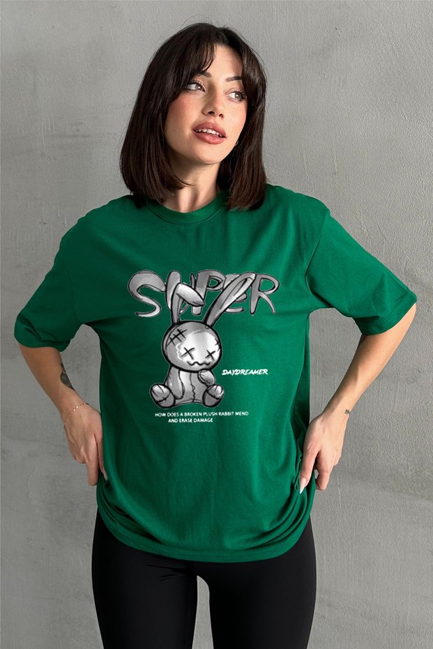 Women's Green Super Plush Rabbit Printed Crew Neck Oversize T-Shirt