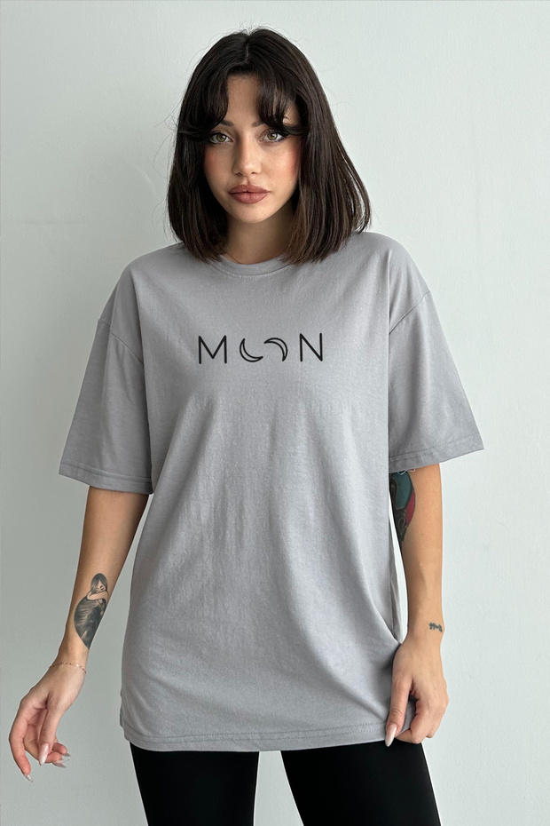 Women's Gray Moon Printed Crew Neck Oversize T-Shirt
