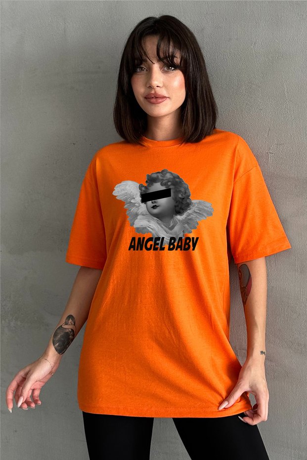 Women's Orange Angel Baby Printed Crew Neck Oversize T-Shirt