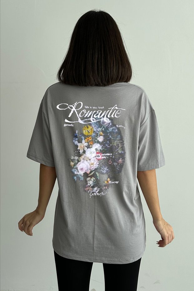 Women's Gray Romantie Printed Crew Neck Oversize T-Shirt