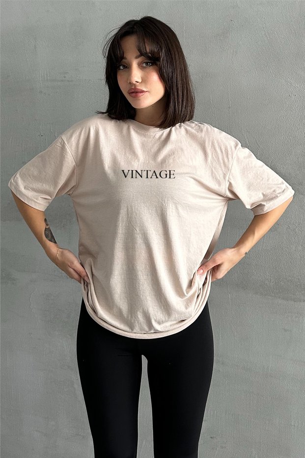 Women's Beige Vintage Printed Crew Neck Oversize T-Shirt