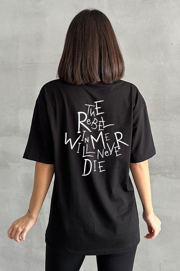 Women's Black the Rebel Printed Crew Neck Oversize T-Shirt