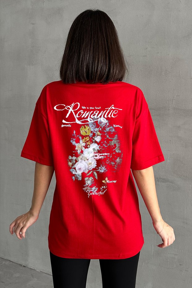 Women's Red Romantie Printed Crew Neck Oversize T-Shirt