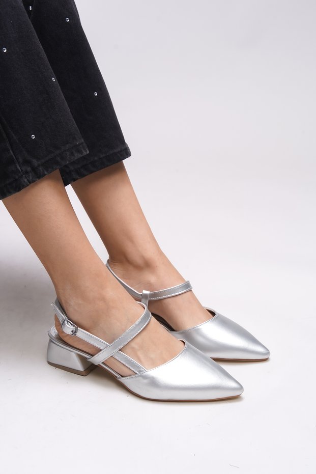 Giselvara Women's Open Back Pointed Toe Heeled Shoes 0012341 Silver Skin