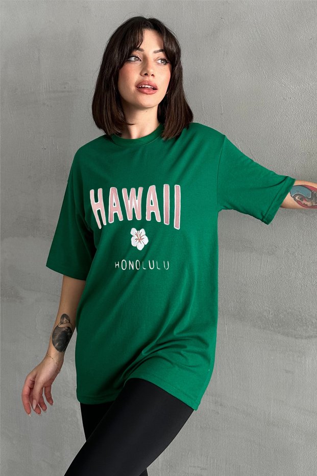 Women's Green Hawaiian Printed Crew Neck Oversize T-Shirt