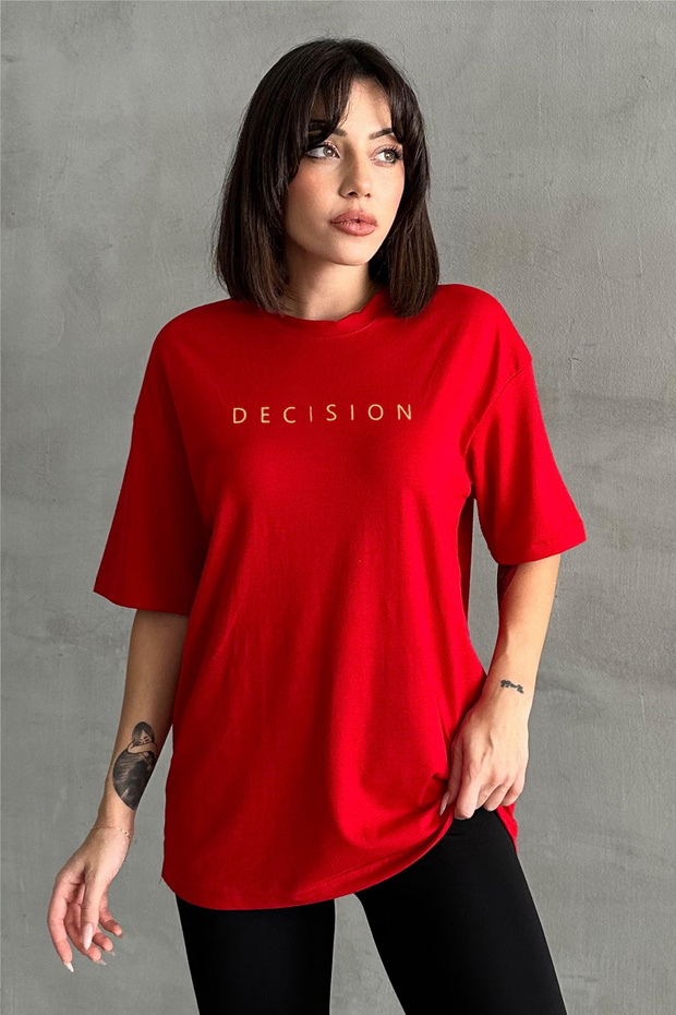 Women's Red Decision Printed Crew Neck Oversize T-Shirt