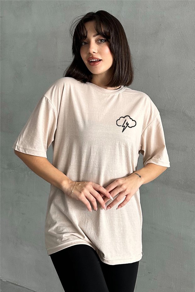 Women's Beige Small Cloud Printed Crew Neck Oversize T-Shirt