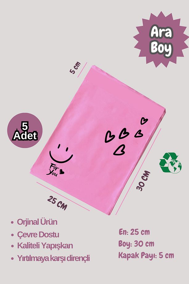 5 Adet 25x35(+5cm Kapak) Fuşya Yapışkanlı Hediye Poşeti Kargo Poşeti - 1