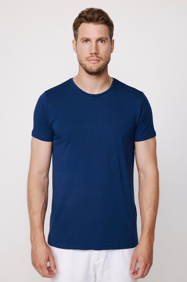 Erkek Slim Fit Dar Kesim Pamuklu Yumuşak Doku Likralı Esnek Kumaş Basic Indigo Bisiklet Yaka Tişört - 4