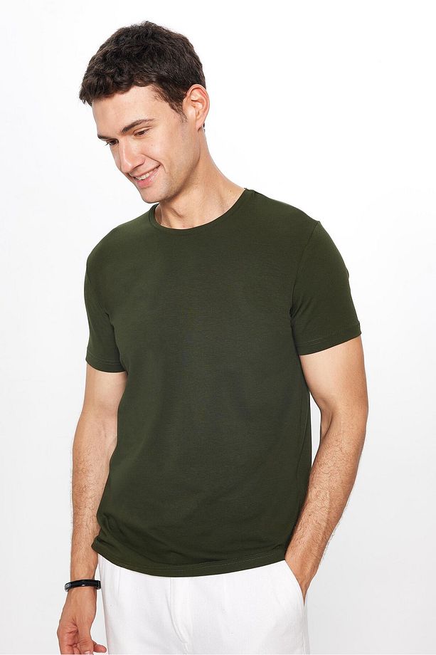 Erkek Slim Fit Dar Kesim Pamuklu Yumuşak Doku Likralı Esnek Kumaş Basic Haki Bisiklet Yaka Tişört - 1