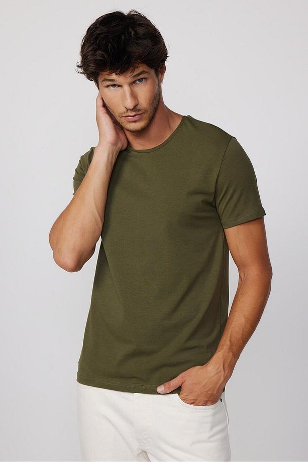 Erkek Slim Fit Dar Kesim Pamuklu Yumuşak Doku Likralı Esnek Kumaş Basic Haki Bisiklet Yaka Tişört - 3