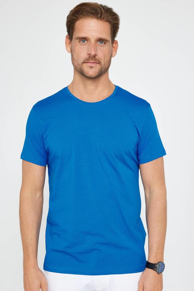 Men's Slim Fit Slim Fit Cotton Soft Texture Lycra Stretchy Fabric Basic Turquoise Crew Neck T-Shirt