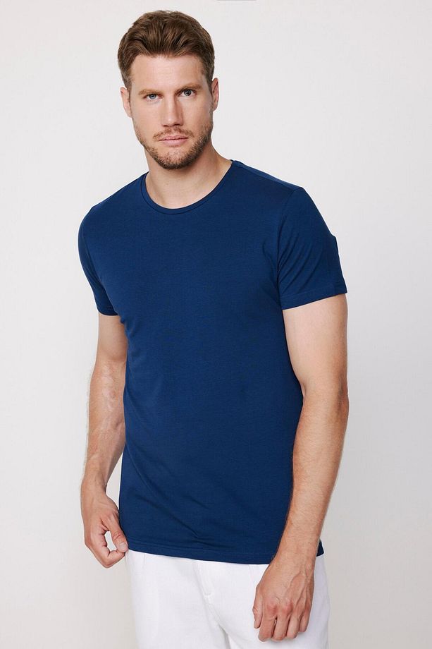 Erkek Slim Fit Dar Kesim Pamuklu Yumuşak Doku Likralı Esnek Kumaş Basic Indigo Bisiklet Yaka Tişört - 3