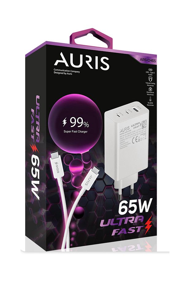 Auris 65 Watt Şarj Cihazı USB + USB C 3 Port Giriş Type C to Type C Şarj Kablosu Ultra Fast 65W - 2