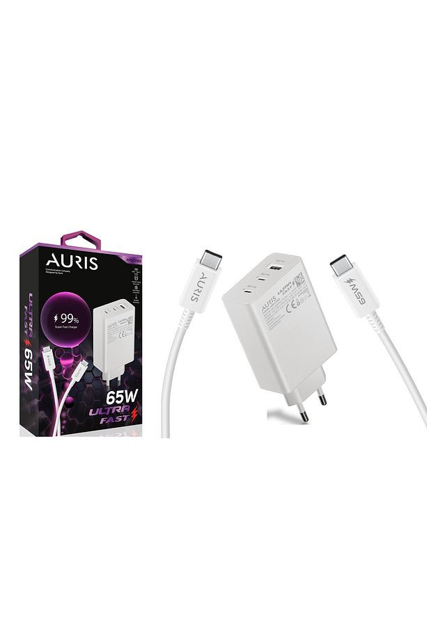Auris 65 Watt Şarj Cihazı USB + USB C 3 Port Giriş Type C to Type C Şarj Kablosu Ultra Fast 65W - 1